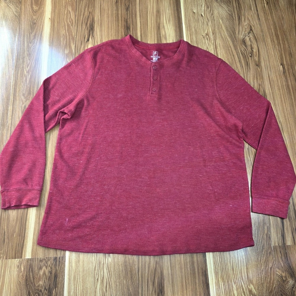 George Thermal Henley Shirt Mens 2XL Red Long Sleeve Waffle Knit‎ Pullover Plus